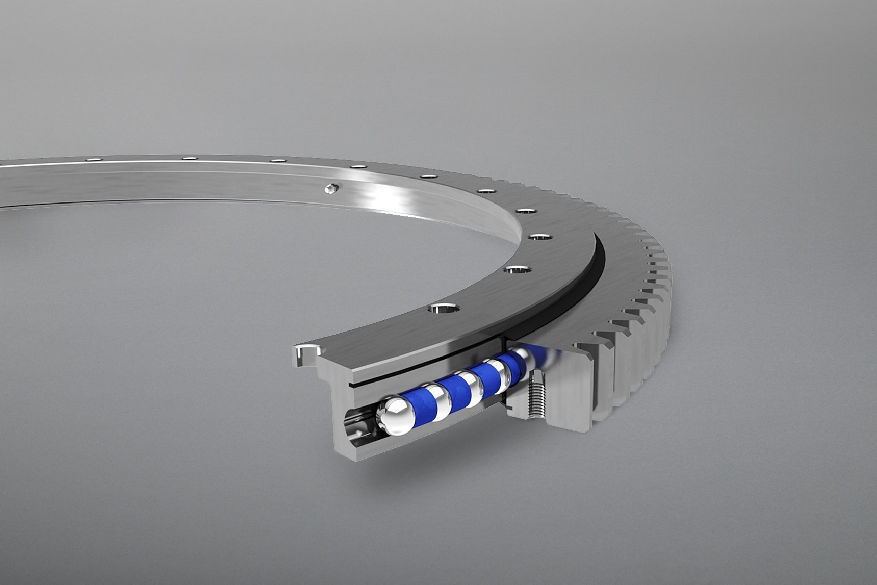 Zum Lieferprogramm zählen 1-reihige Kugeldrehverbindungen in Standard- sowie Flanschausführung sowie Kreuzrollen-Drehverbindungen, jeweils mit Innen- oder Außenverzahnung, aber auch ohne Verzahnung. Weiterhin sind unterschiedlichste Sonderbauformen lieferbar.